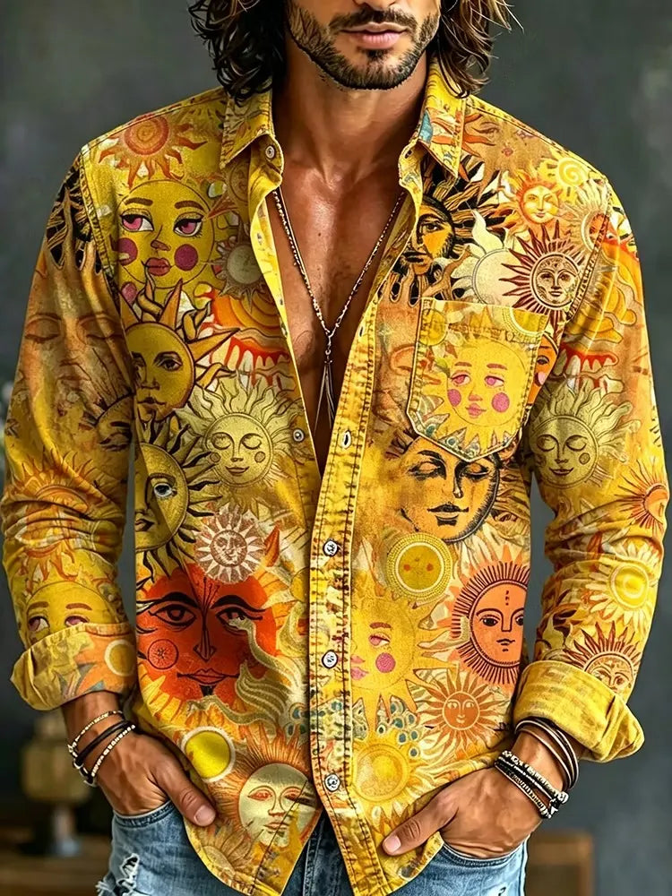 Men's Bohemian Stacked Sun Portraits Print Print Long Sleeve Pocket Shirt