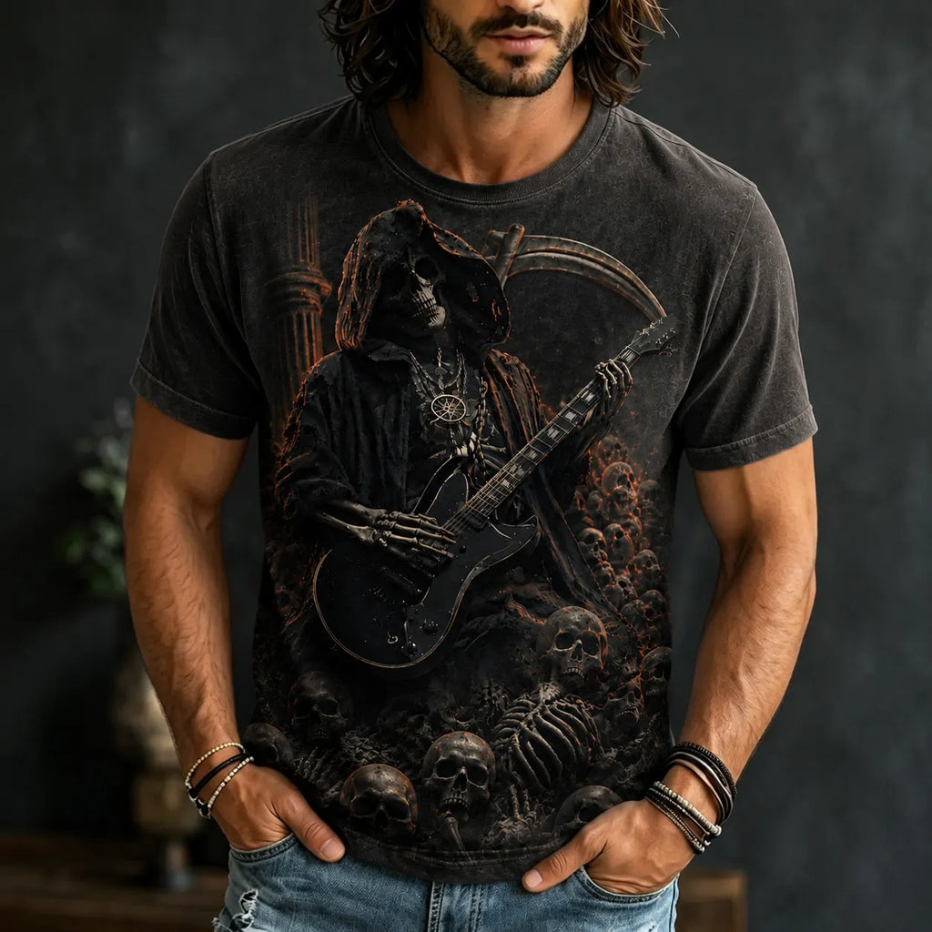 Men's Retro Halloween Theme Rock Skull Print T-shirt