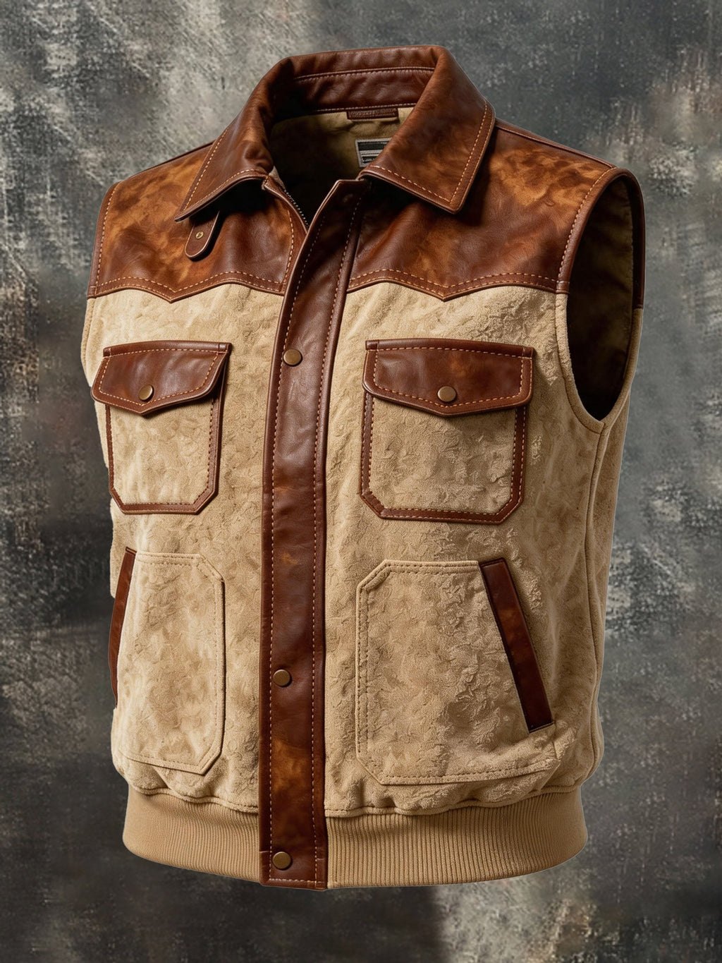 Men’s Vintage-Style Leather-Paneled Multi-Pocket Utility Vest