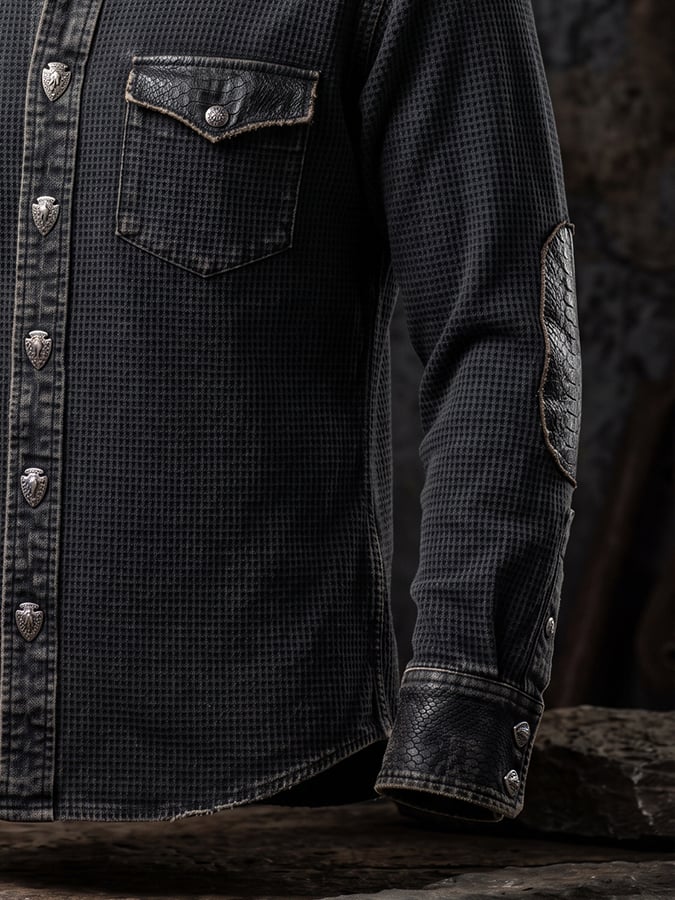 Men's Vintage-Style Waffle-Knit and Leather Panel Western Shirt with Dual Pockets