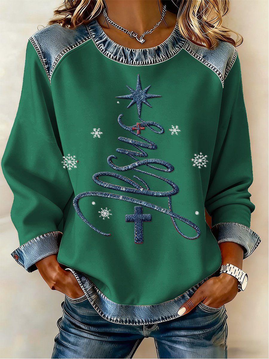 Women's Casual Retro Faith Christmas Tree Sweatshirt