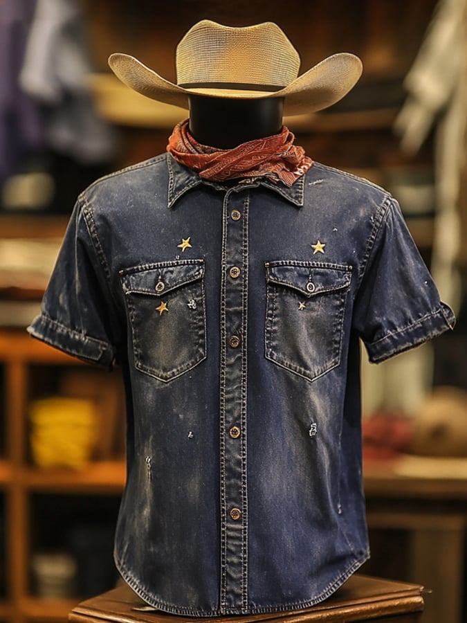 Men's vintage distressed two-pocket short-sleeved shirt