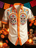 Men's Day Of The Dead Twin Skulls Colorful Floral Color Blocking Print Short Sleeve Buttons Shirt