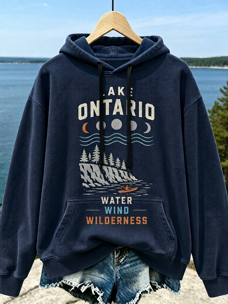 Women's Casual Pullover Hoodie In Dark Navy With Lake Ontario Moon Phases, Cliff, Kayaker, And Wilderness Print