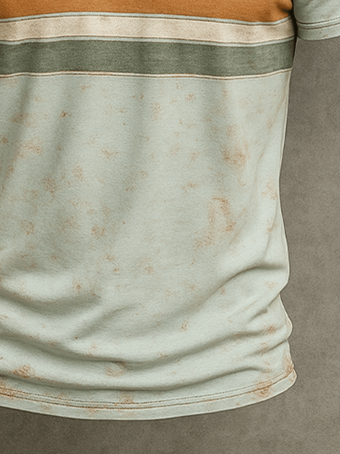 Men's Basic Casual Retro Washed Distressed Striped Contrast Stitching Short Sleeve V-Neck T-Shirt