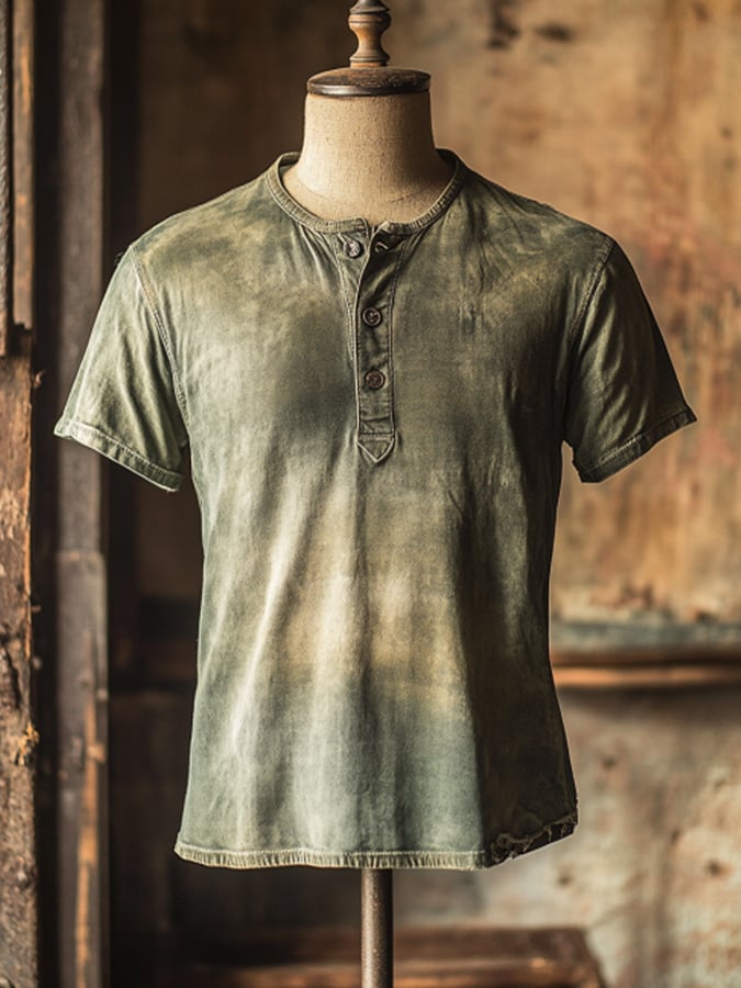Men's Vintage Premium Distressed Henley Short Sleeve T-Shirt