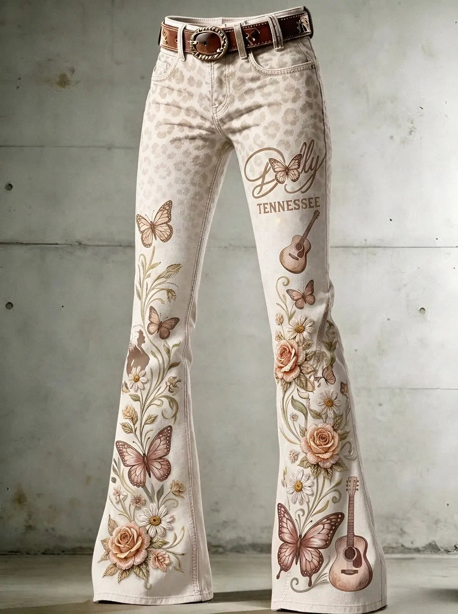 Women's Dolly Parton Tennessee 9to5 Butterfly Rose Guitar Printed Flare Pants