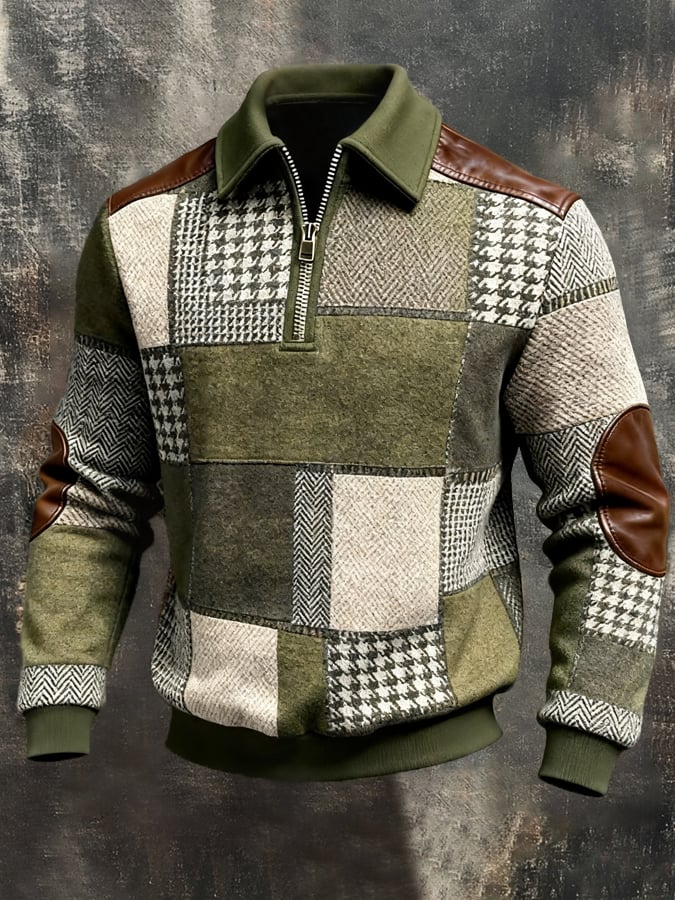 Men's Retro Color Block Print Color-Blocked Zip-Up Sweatshirt