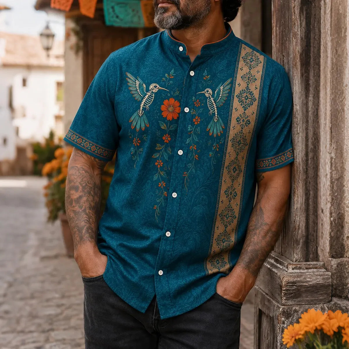 Men's Skeleton Hummingbirds Blooms Day of the Dead Print Stand Collar Short Sleeve Shirt