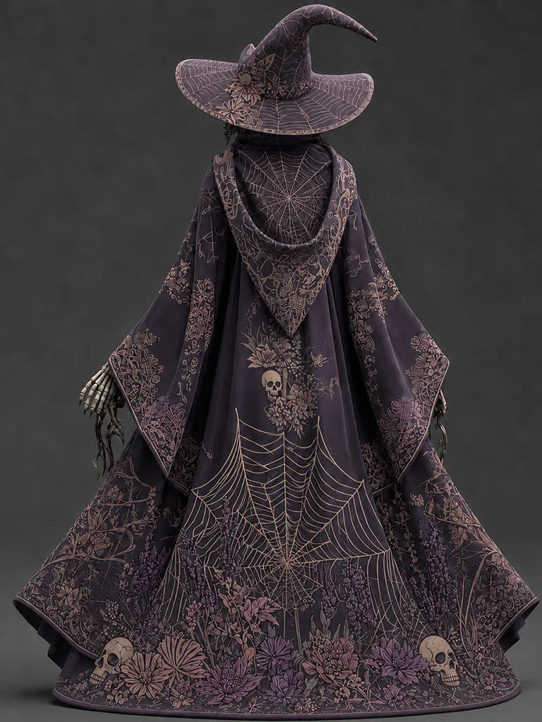 Women's Halloween Spiderweb Skull Floral  Hooded Cape