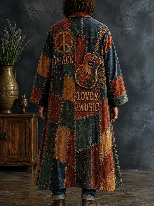 Men's Boho Peace Symbol Guitar Wild Floral Print Kimono Cardigan