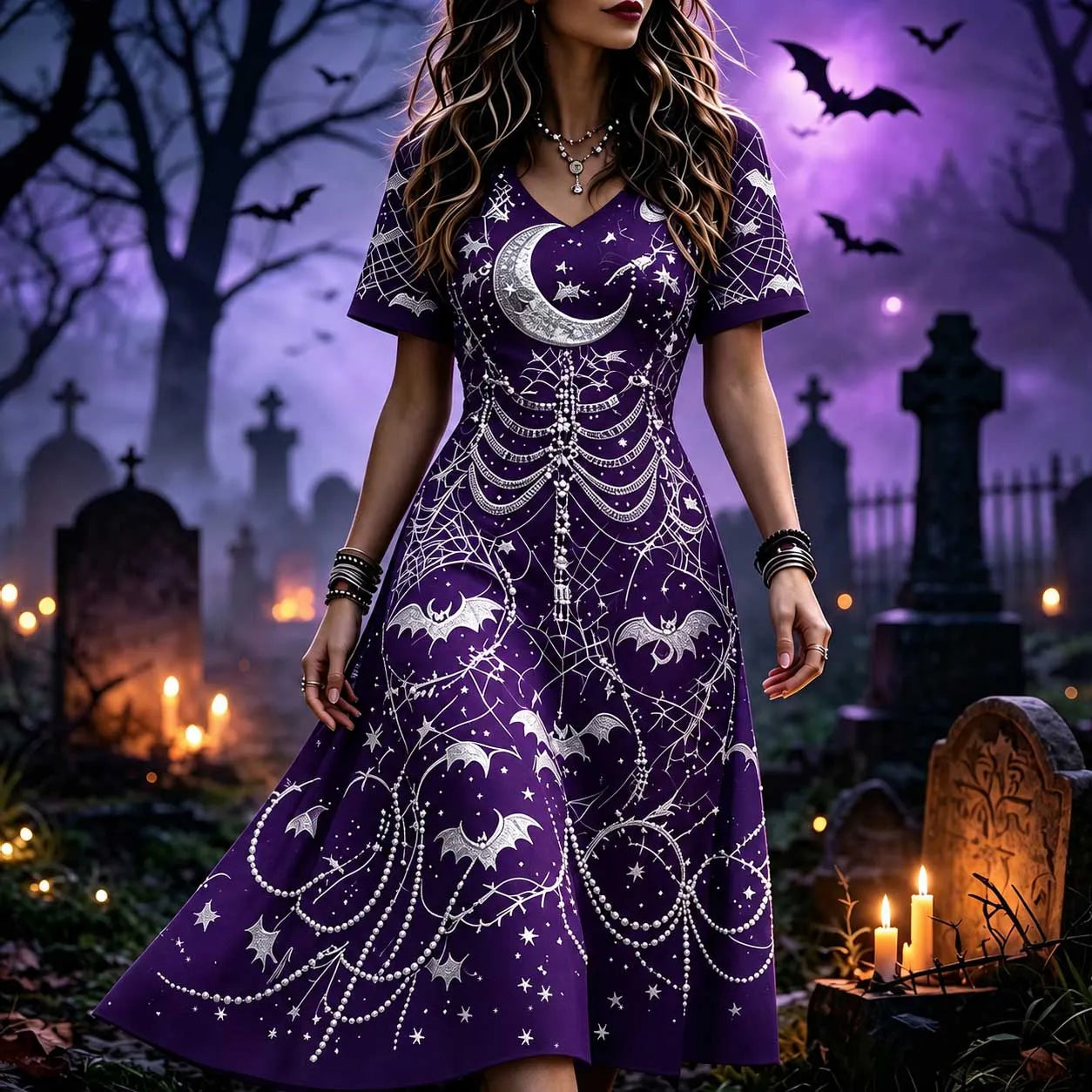 Women's Gothic V-neck Short Sleeve A-line Dress With Purple Moon And Bat Print