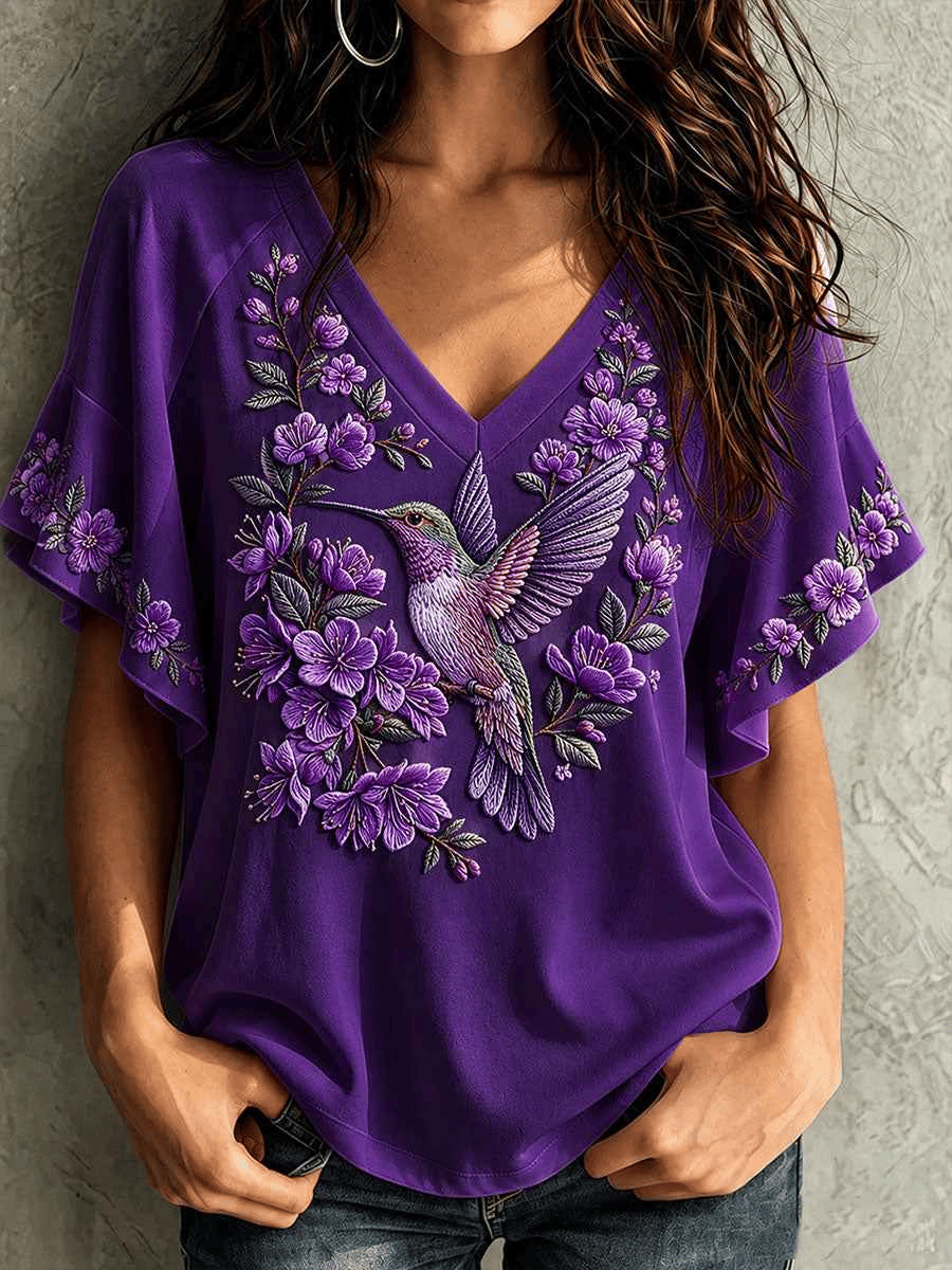 Women's Purple Floral Alzheimer's Disease Print Comfortable V-Neck T-Shirt