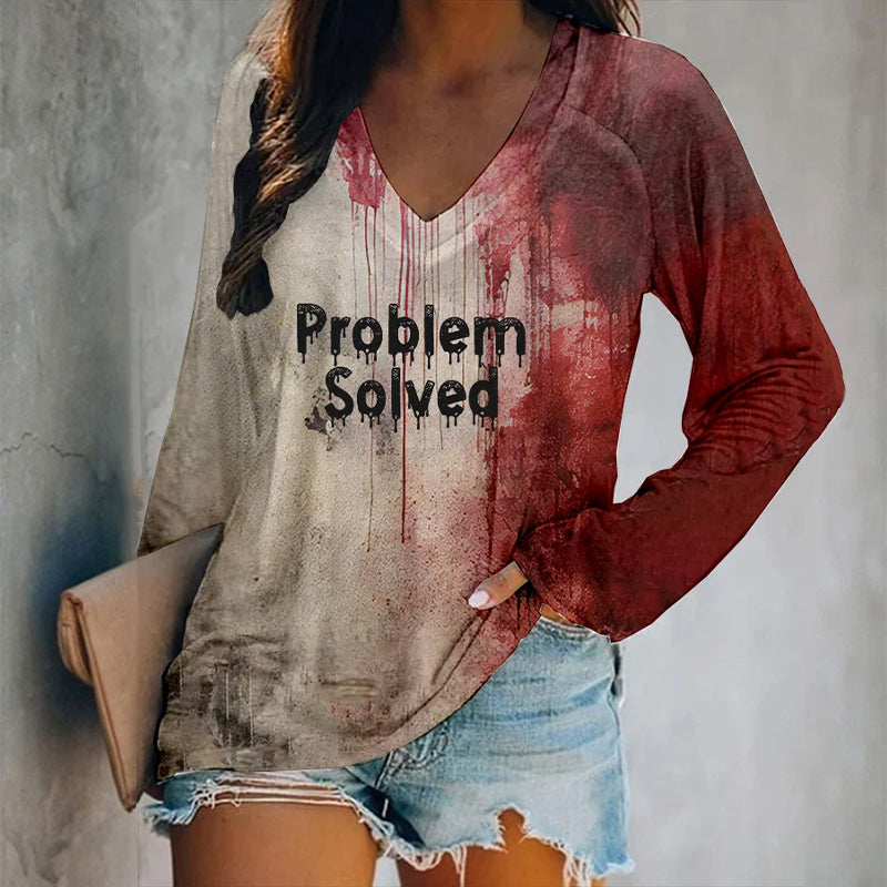 Women's Bloody Problem Solved Halloween Print V-Neck T-Shirt