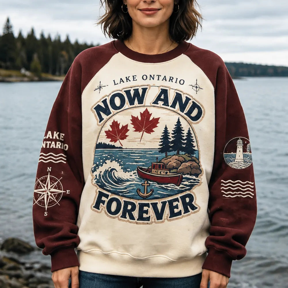 Women's Casual Raglan Sweatshirt - Lake Ontario, Red Boat, Maple Leaves & Pine Trees Print