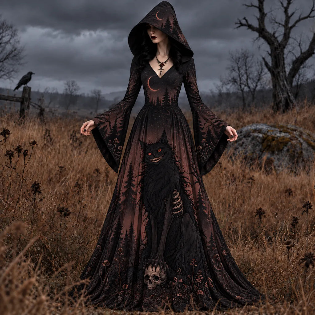 Women's Black Cat Halloween Art Long-sleeve Hooded Long Dress