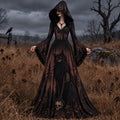 Women's Black Cat Halloween Art Long-sleeve Hooded Long Dress