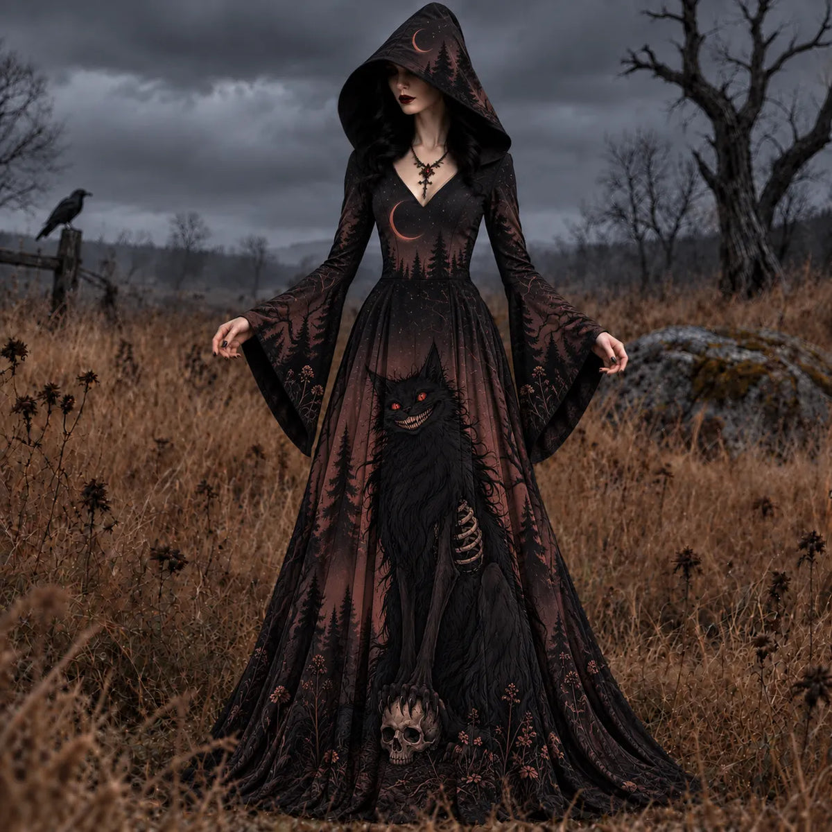 Women's Black Cat Halloween Art Long-sleeve Hooded Long Dress