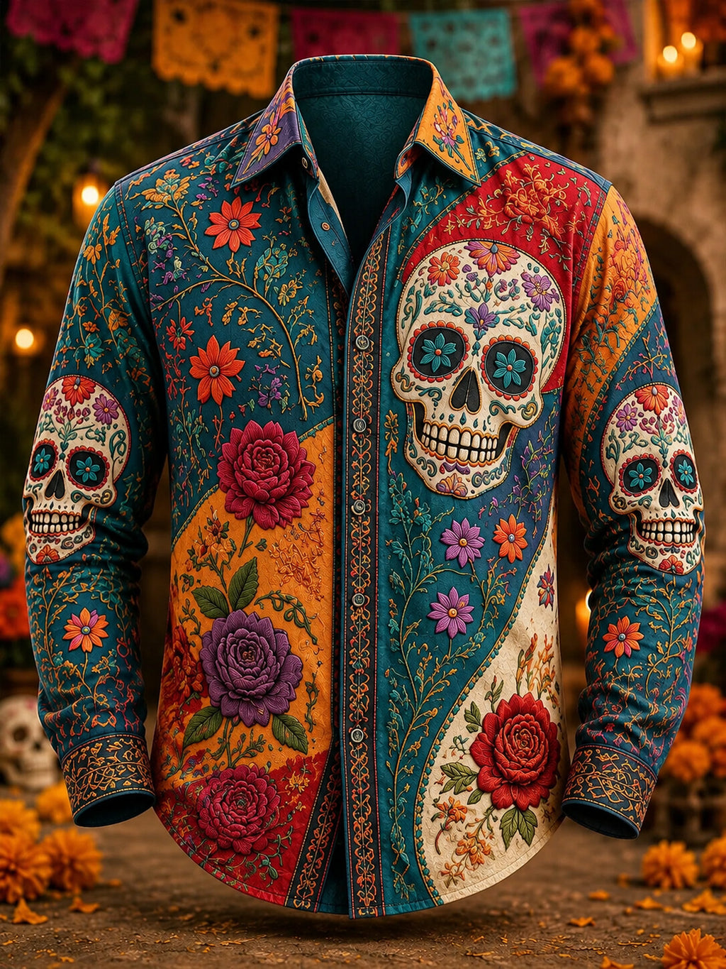Men's Day Of The Dead Color‐Block Sugar‐Skull Bohemian Floral Print Long Sleeve Shirt