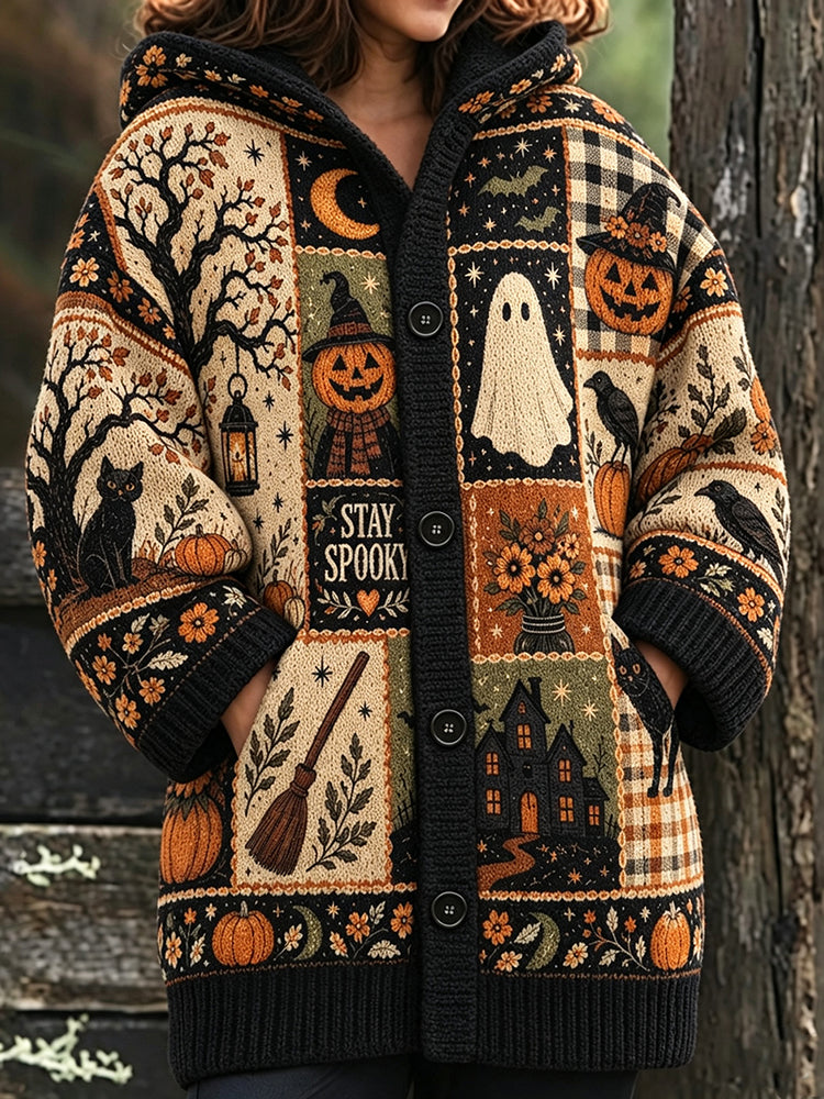 Women's "stay Spooky" Halloween Intarsia Knit Cardigan
