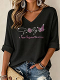 Women's Commemorative Print Casual Waffle V-Neck Top