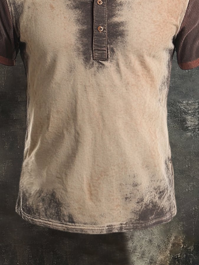 Men's Vintage Distressed Colorblock Casual Henley Short Sleeve T-Shirt