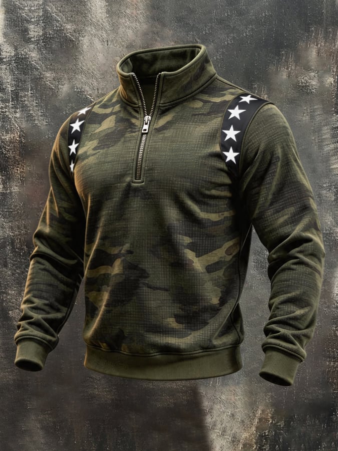 Men's Retro Color-Block Camouflage Print Quarter-Zip Sweatshirt