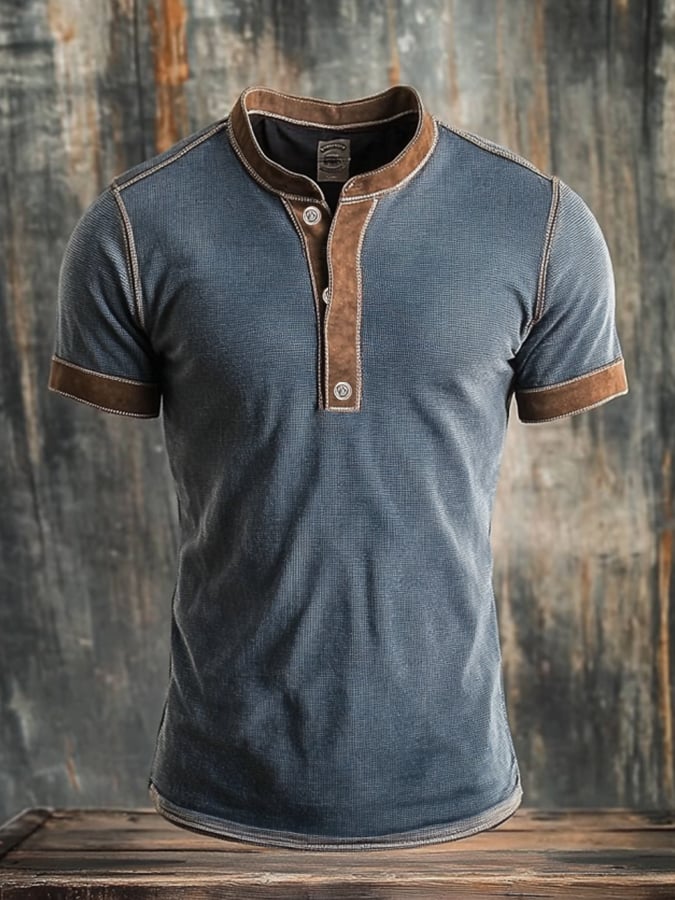 Men's casual retro style Henley shirt with contrast color and short sleeves
