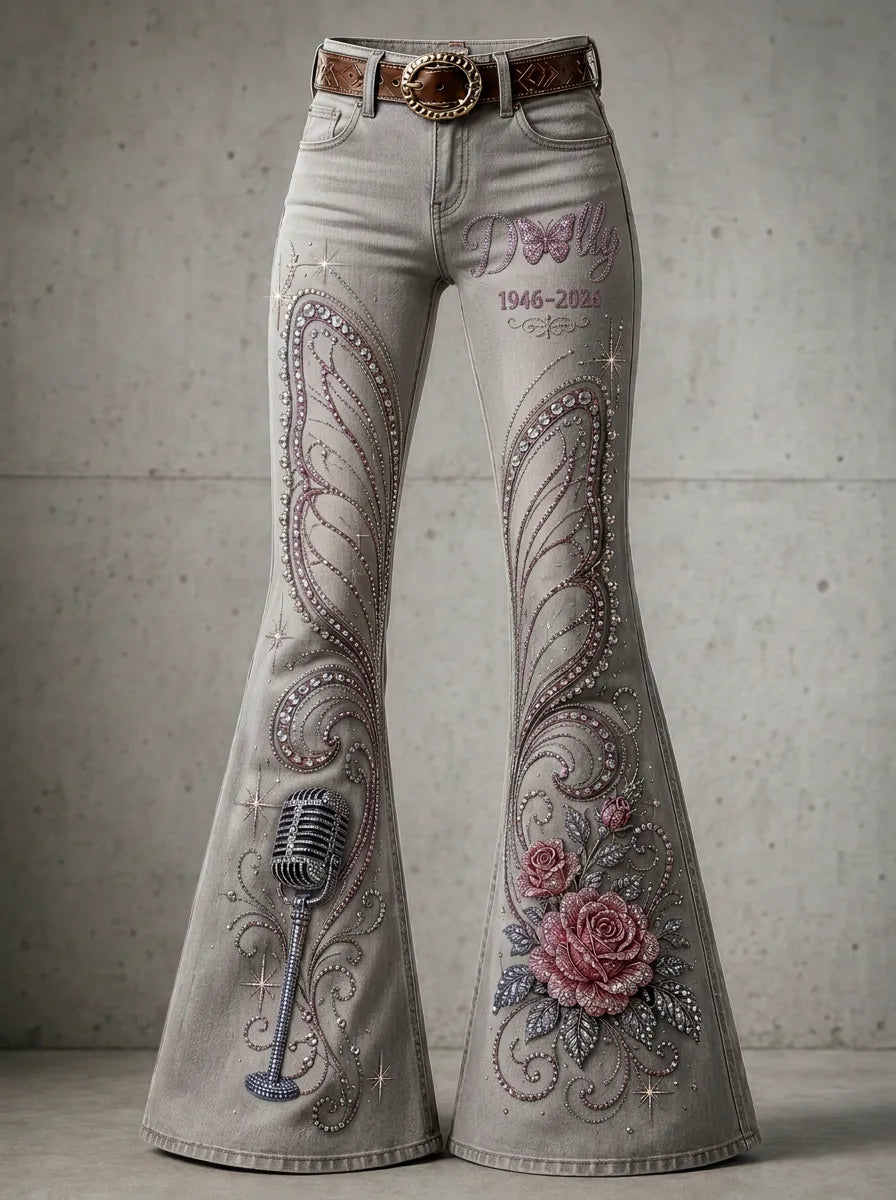 Women's Dolly Parton Butterfly Rose Microphone Printed Flare Jeans