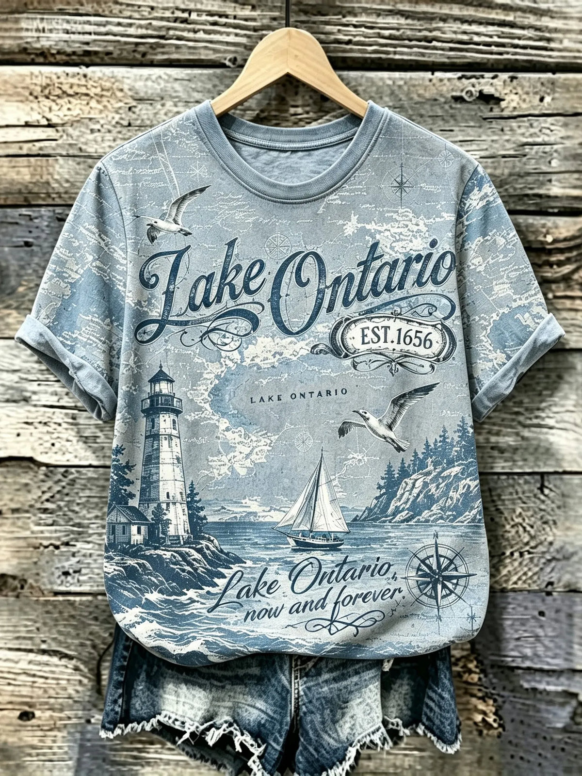 Women's Retro Lake Ontario Print Vintage T-shirt