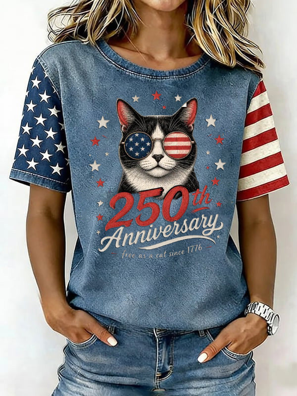 Women'S Casual Patriotic Cat Printed Short Sleeved T-Shirt