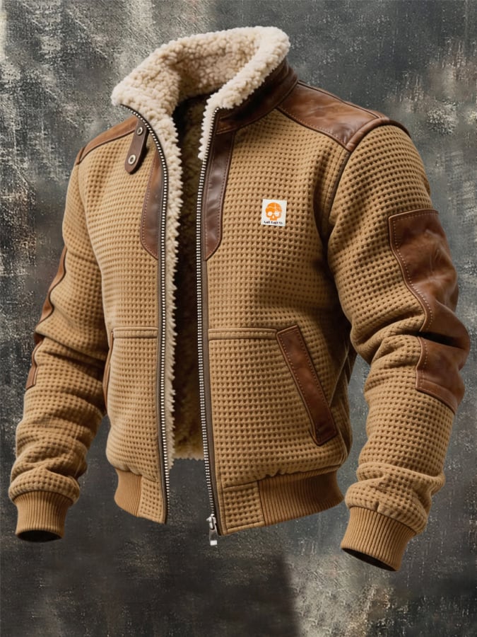 Men's Vintage Thermal Waffle-Lined Multi-Pocket Outdoor Leather Jacket