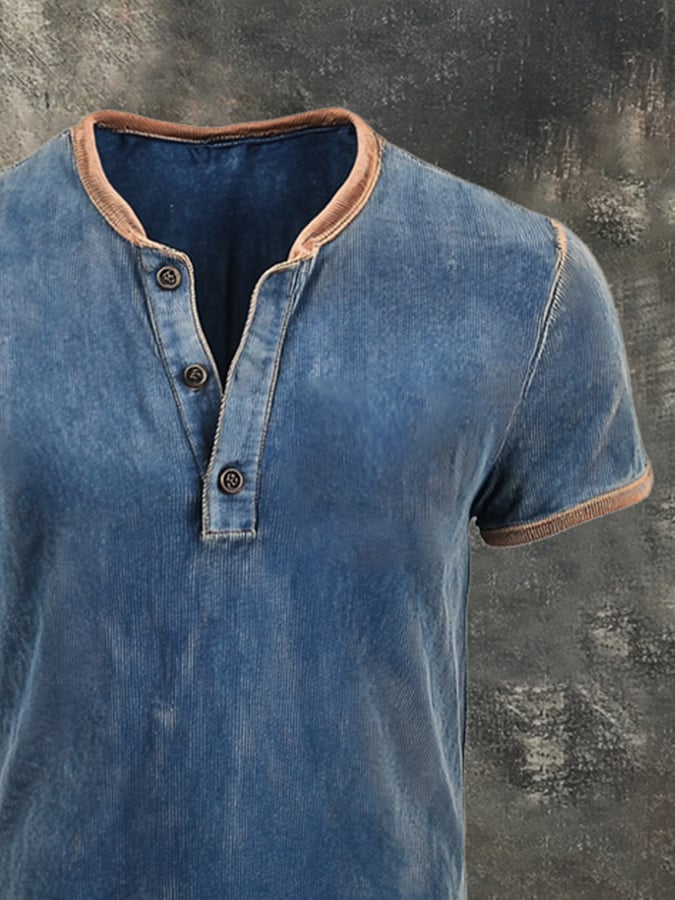 Men's casual retro color block Henley T-shirt