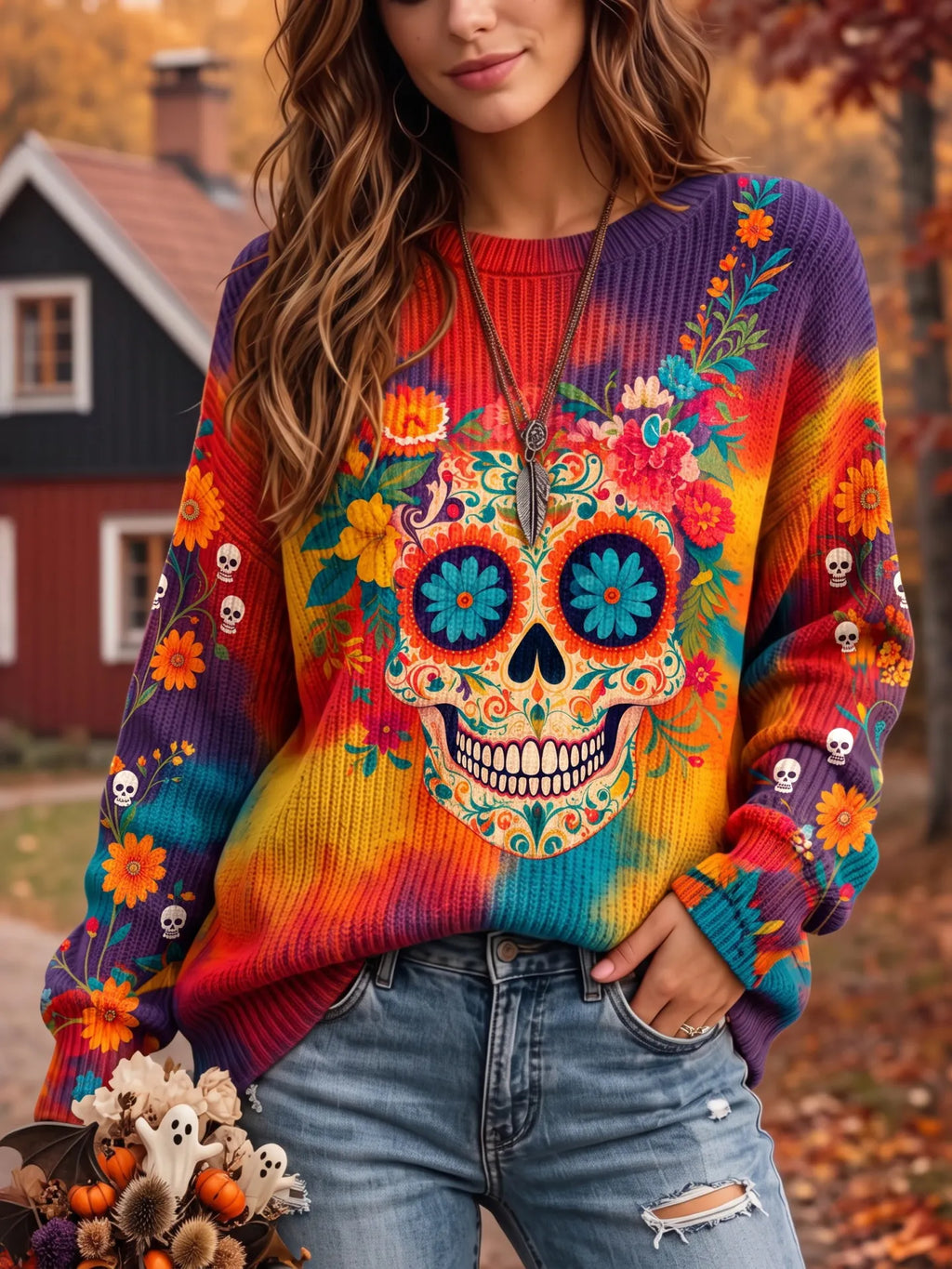Women's Colorful Day Of The Dead Sugar Skull Floral Print Crew Neck Knit Sweater