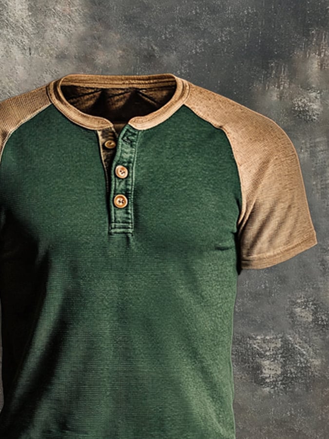 Men's casual retro wash colorblock short sleeve Henley T-shirt