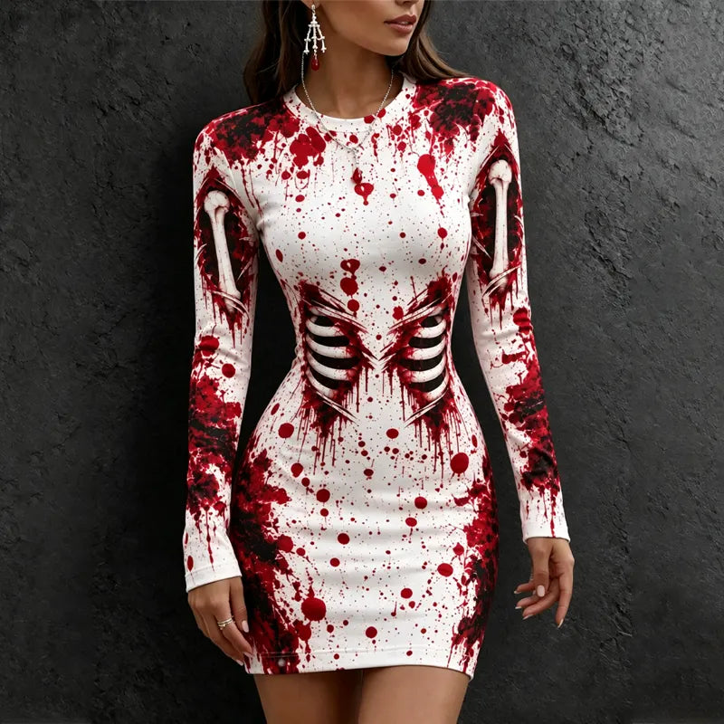 Women's Halloween Bloodstain Skull Print Crew Neck Bodycon Dress