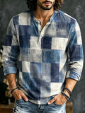Men's Color Block Modern Abstract Geometric Print Henry Collar Long Sleeve T-Shirt