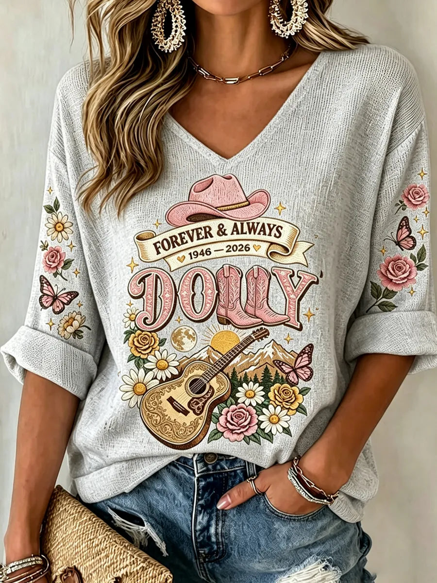 Women'S Commemorative Printed Waffle V-Neck Top