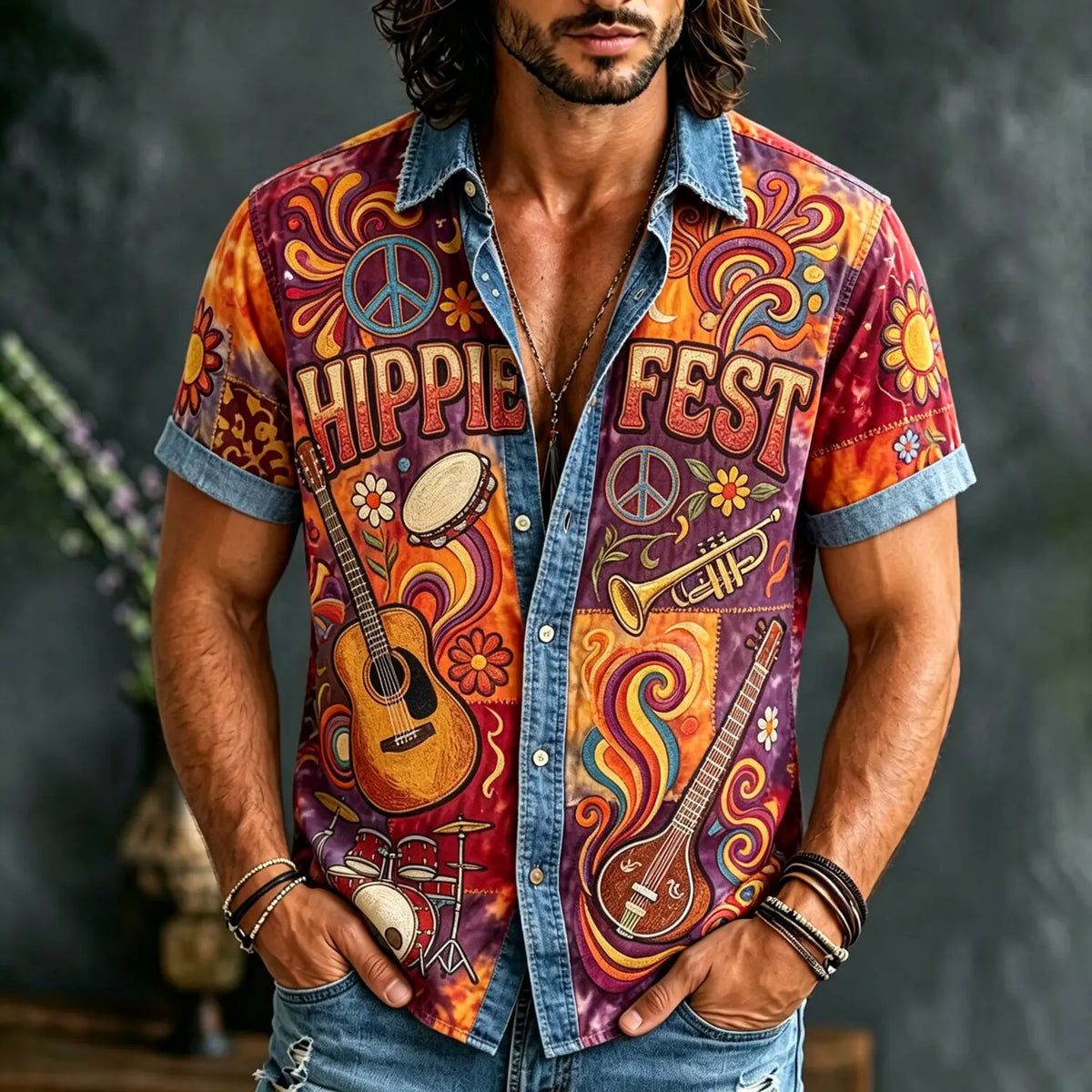 Men's Hippie Fest Music Retro Print Short Sleeve Buttons Shirt