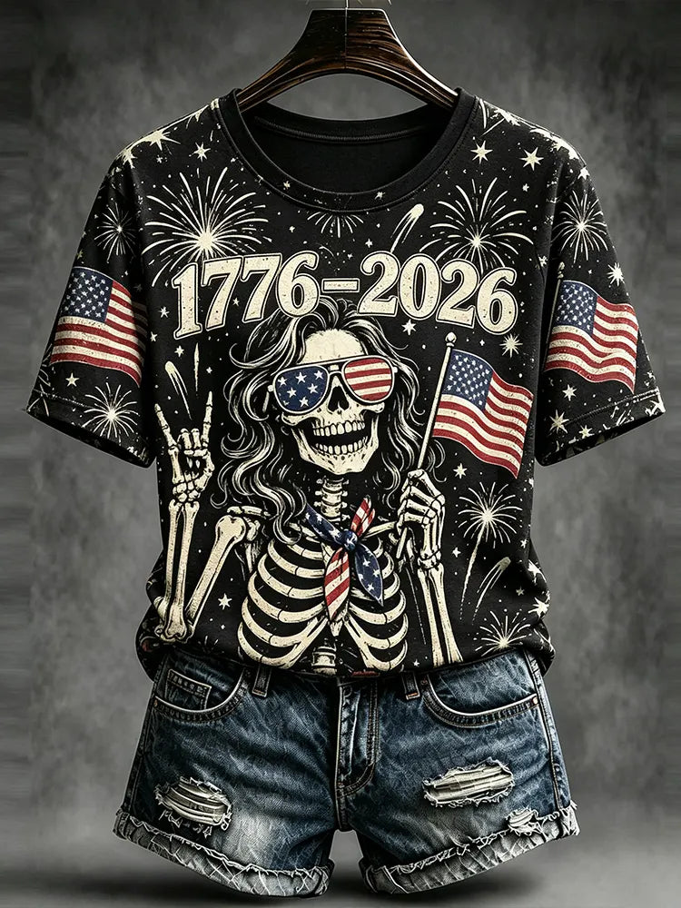 Women's Halloween And America's 250th Anniversary Commemorative Art Crewneck Casual T-shirt
