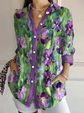 Women's Purple Floral Art Print Lapel Shirt