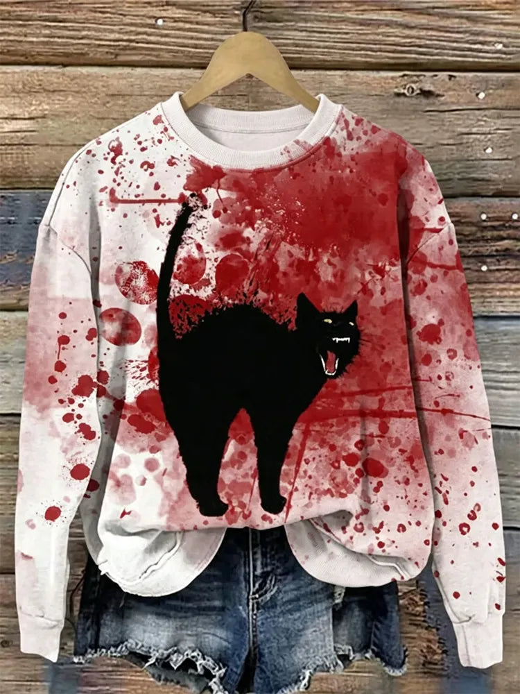 Women's Halloween Blood-stained Cat Paw Print Crewneck Sweatshirt