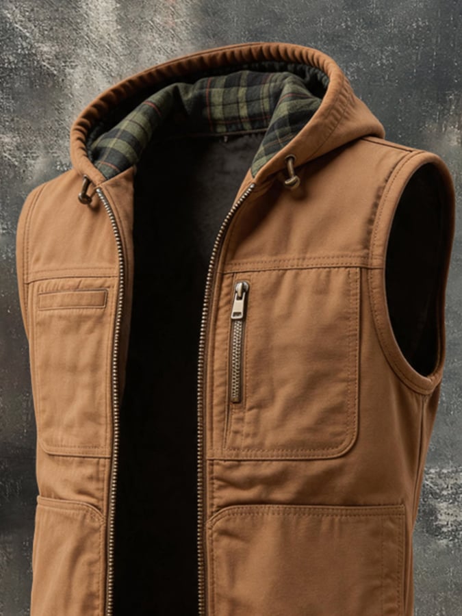 Men's Vintage Multi-Pocket Hooded Utility Vest Jacket