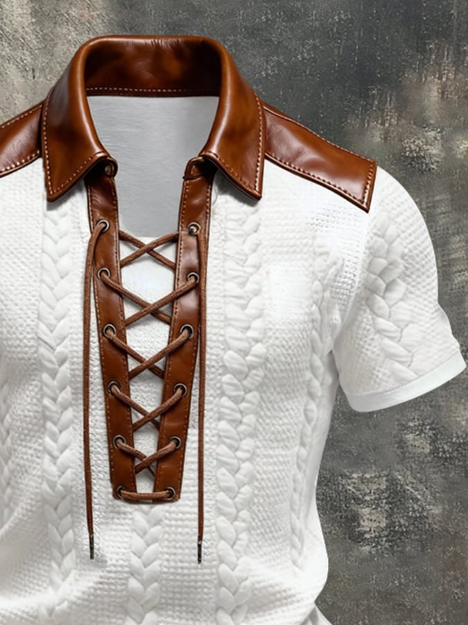 Men'S Short-Sleeve Polo-Collar Top With Retro Leather Paneling And Color-Block Design