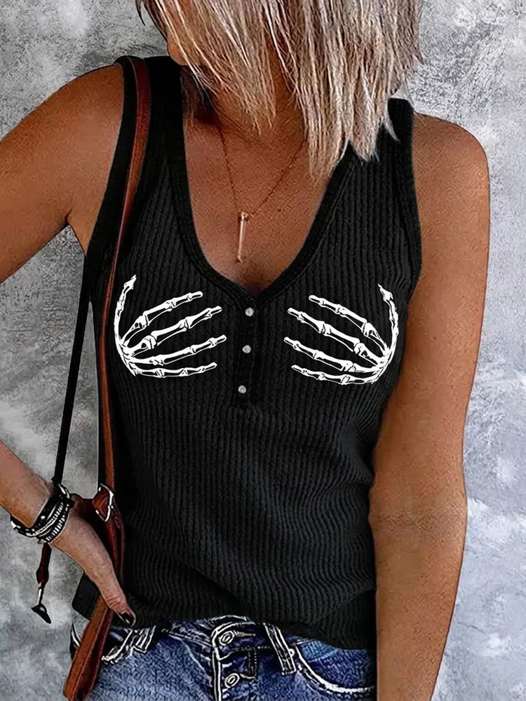 Women's Halloween Skeleton Finger Print Casual Vest