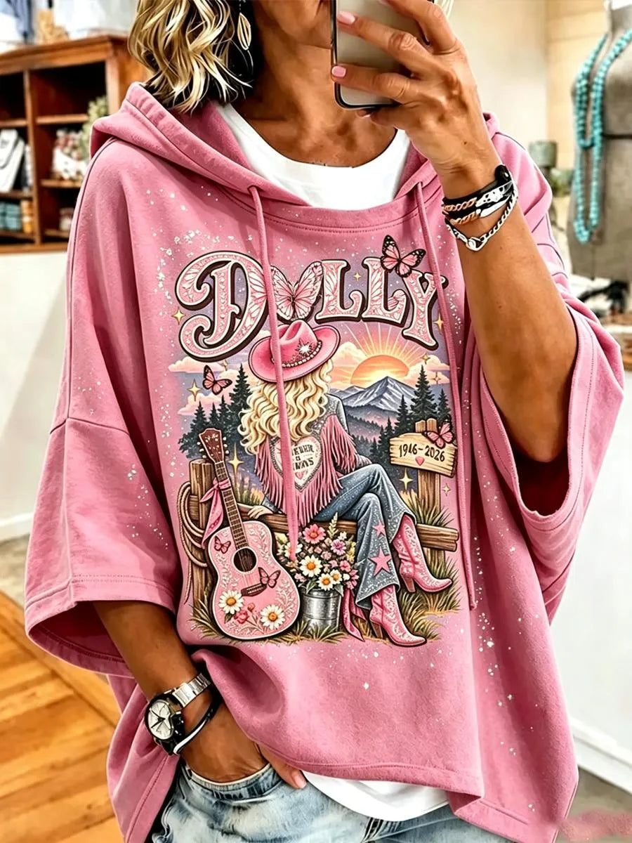 Women's commemorative printed round neck hooded sweatshirt