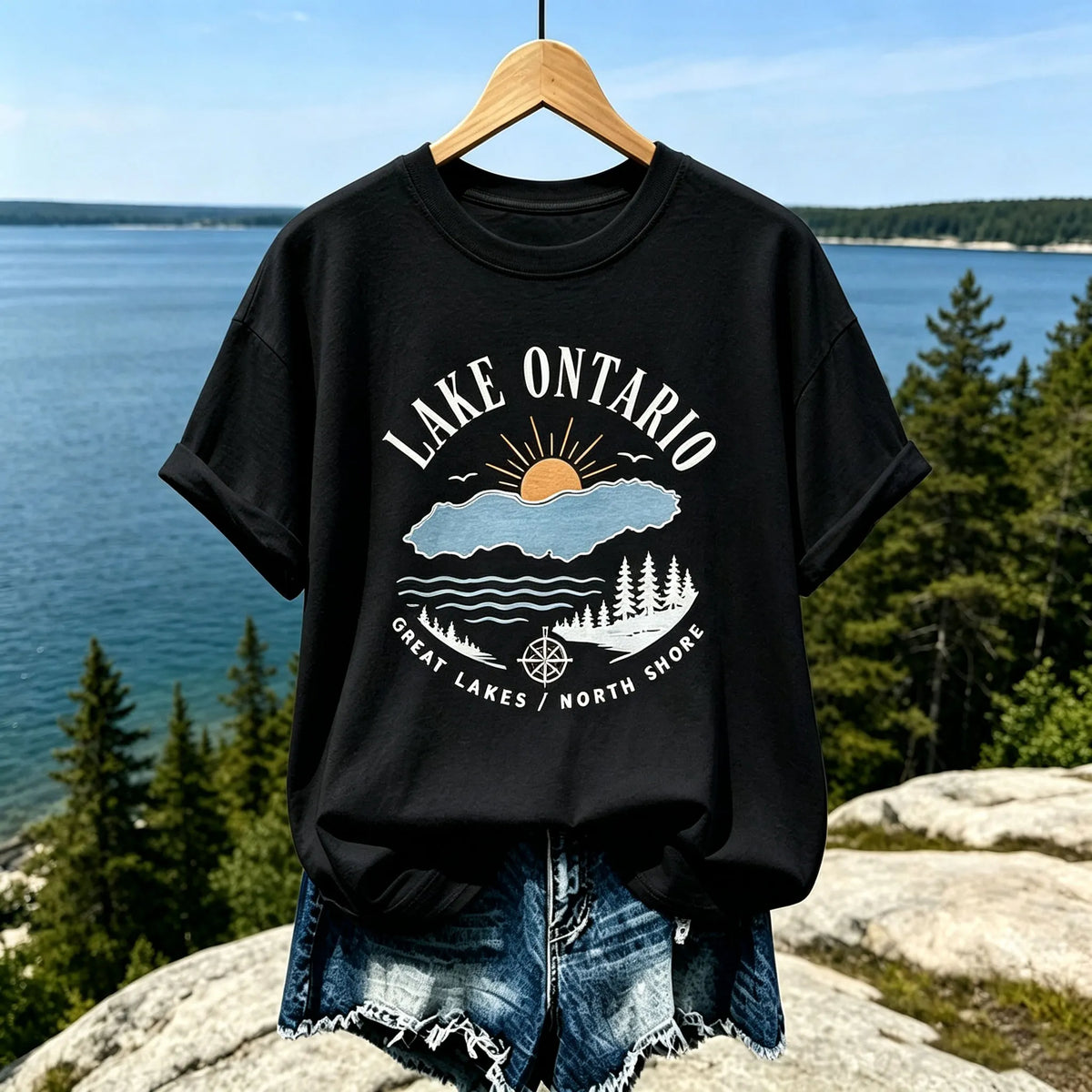 Women's Casual Crewneck T-shirt In Cream With Lake Ontario Map, Sun, And Forest Print