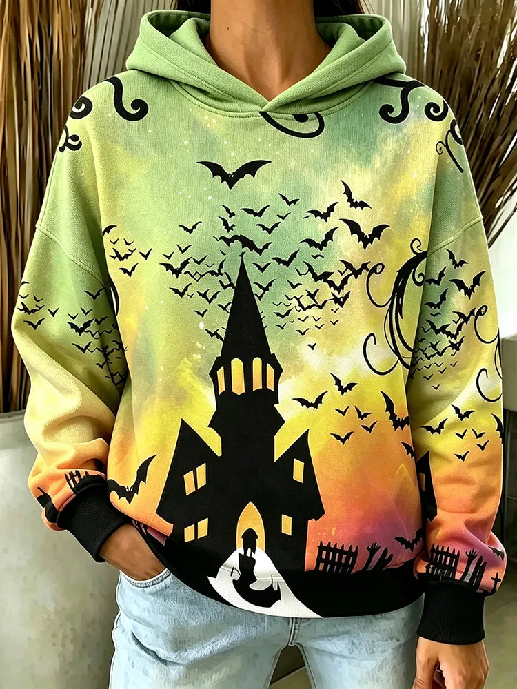 Women's Retro Halloween Themed Print Casual Warm Hooded Sweater