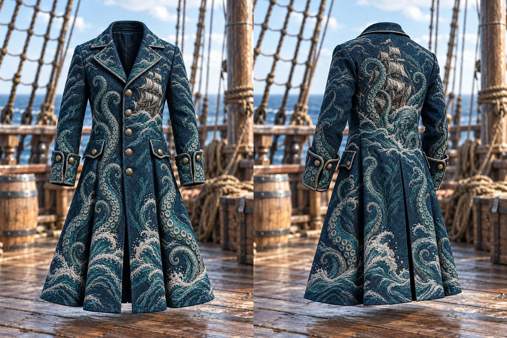 🌊 Men's Kraken & Ghost Ship Pirate Trench Coat