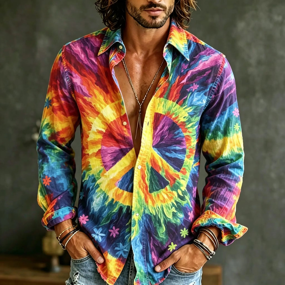 Men's Tie‐dye Peace Symbol Print Long Sleeve Shirt